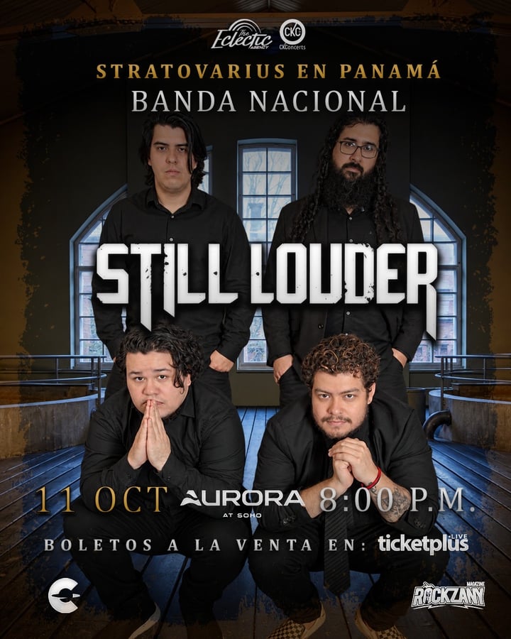 Flyer: Stratovarius en Panamá, banda nacional Still Louder. 11 de octubre, Aurora at Soho, 8:00 p.m. Boletos a la venta en Ticketplus.